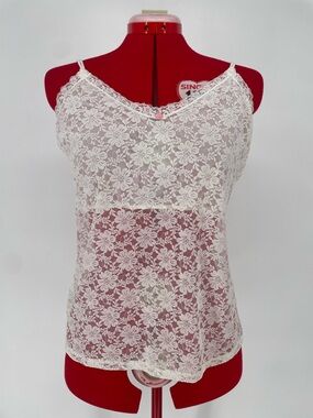 Y2K White Sheer Lace Secret Treasures Cami Top With Mesh Shelf Size XL